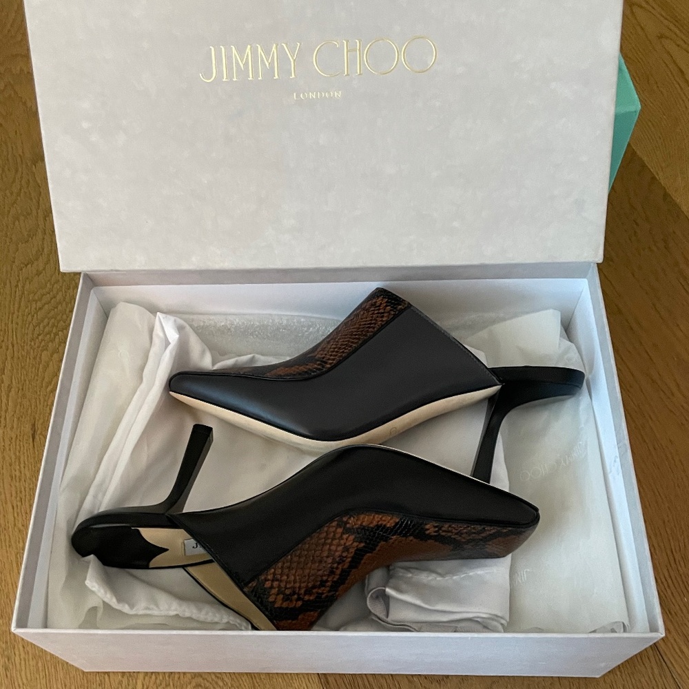 Jimmy Choo Marcel 85mm Snake Effect Leather Square-Toe Mules (Black Tan) - Picture 14 of 15